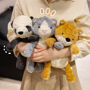 Plush animal dolls set including panda, cat and fox in soft long-pile material