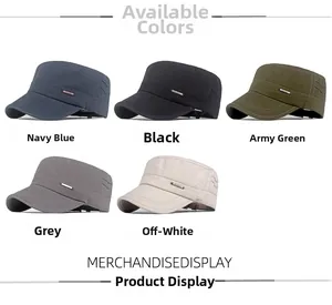 Detailed view of 5 colors of flat top military caps with metallic side emblems