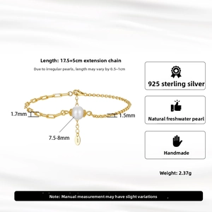 Detail of 925 sterling silver pearl bracelet showing 7.5-8mm natural pearl and dimensions