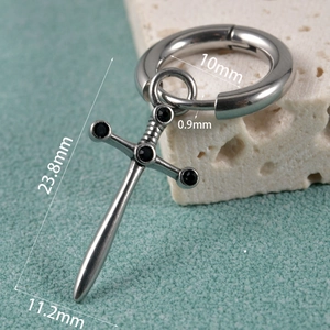 Detailed dimensions of stainless steel sword earring with black zircon inlay