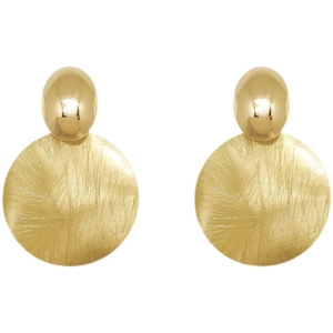 Modern gold geometric earrings with brushed round discs and polished metal studs