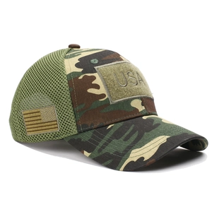 Camo baseball cap with USA embroidery, American flag patch and green mesh back