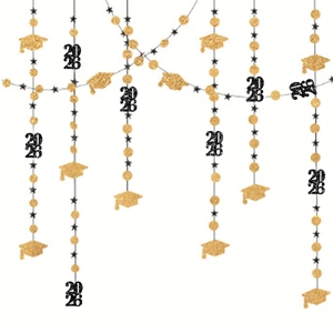 Black and gold 2026 graduation party banner with glitter star and grad cap hanging decor