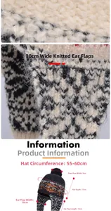 Winter knit trapper hat with pom-pom and dimensions: 55-60cm circumference and 17cm depth
