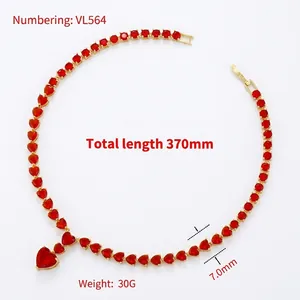Luxury copper necklace with heart red zircon pendant and size dimensions 370mm length