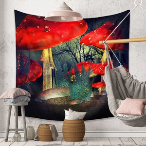 Detailed fantasy forest tapestry with vibrant red mushrooms and teal ferns on a wall