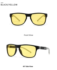 Vista frontal y lateral a 45 grados de las gafas de sol clásicas TR negras con lentes amarillas
