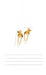 Macro shot of gold tassel flower earrings with measurements and freshwater pearl detail