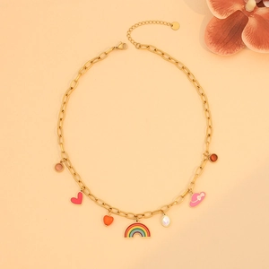 Golden stainless steel heart and rainbow charm necklace with colorful drip oil pendants