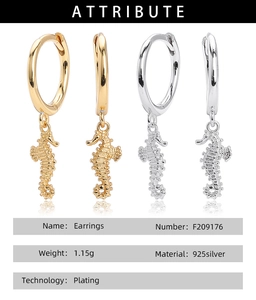 Detail view of 925 sterling silver seahorse earrings with weight and material attributes