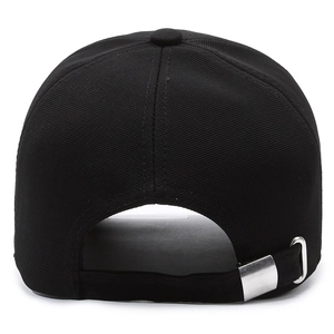 Rear view of black baseball cap with adjustable silver metal buckle and structured crown