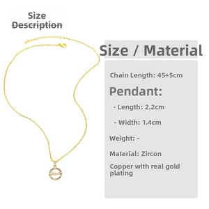 Detail of adjustable gold Mama necklace with colorful zircons showing 45+5cm chain size