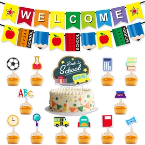 Back to school party decoration kit with banners, cake toppers and school themed cutouts