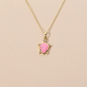 Exquisite gold-plated turtle pendant necklace with pink enamel shell and shiny crystals