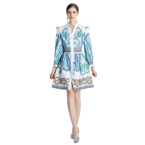 Robe imprimée cachemire pour femme avec col en V, manches longues et taille haute
