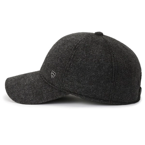 Men's winter baseball cap in dark grey textured fabric with ear protection and metal logo