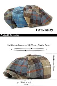 Detail view of newsboy cap dimensions with 55-59cm elastic circumference and plaid patterns