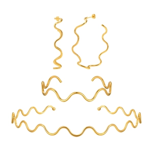 Polished gold stainless steel jewelry set with wavy necklace, bracelet, and hoop earrings