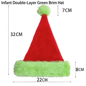 Detail view of baby Christmas hat with red velvet fabric and plush green double-layer brim