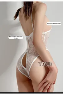 Detail showing adjustable straps and soft floral lace fabric on a white lingerie bodysuit