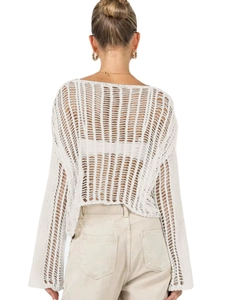 Close-up of white hollow knit sun protection cover-up showing delicate mesh texture