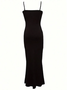 Slim fit black maxi dress with thin shoulder straps and a flattering flared hemline