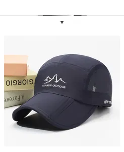 Detail of navy blue foldable mesh cap with UPF 50+ sun protection and outdoor logo