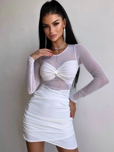 Women Sexy Bodycon Mini Dress Mesh Patchwork Long Sleeve Ruched Twist Front Party Clubwear