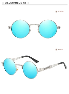 Steampunk round sunglasses model C5 with silver metal frame and blue lenses from two angles