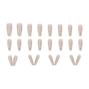 Pink marble coffin press-on nails with red dot design and white swirl pattern, 24 count