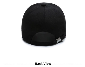 Back view of black canvas baseball cap showing adjustable silver metal buckle strap