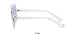 Side view of transparent frame sunglasses with light blue lenses and metal rivet details