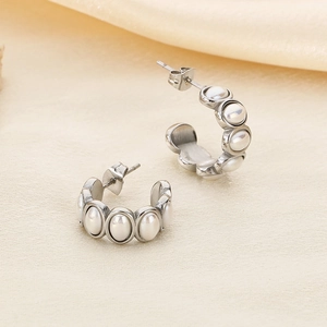 Elegant 18k gold stainless steel C-shaped stud earrings featuring multiple white pearls