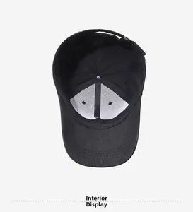 Interior view of black cotton baseball cap showing six-panel stitching and metal top stud