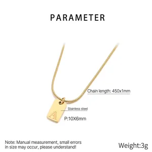 Macro detail of gold stainless steel snake chain with engraved letter A pendant dimensions