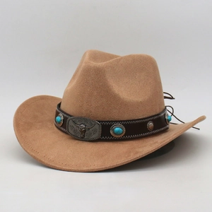 Western Cowboy Hat Wide Brim Felt Fedora With Metal Bull Head And Turquoise Beads Retro Style For Men Women