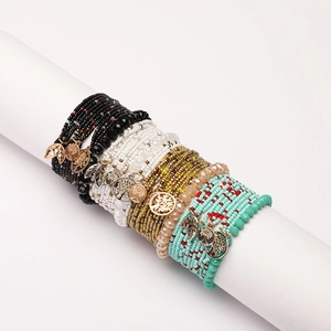 Bohemian multi-layer handmade bead bracelet set with tree of life and leaf metal pendants