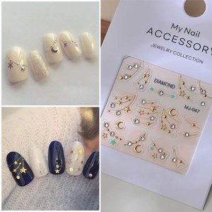 Detailed Relief Nail Art Stickers Star Moon Meteor K9 Rhinestone Alloy Gold Stamping French Jewelry Style Waterproof For Women