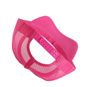 Detail view of pink mesh trucker hat with adjustable plastic snap closure and mesh back