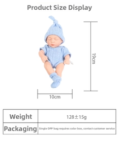 Detailed size specifications of the 19cm reborn baby doll in a blue knitted outfit