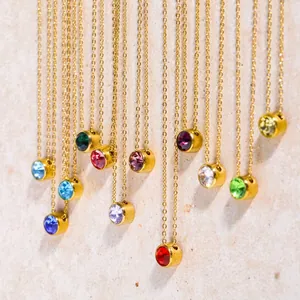 Minimalist stainless steel necklaces with colorful round birthstone pendants in gold