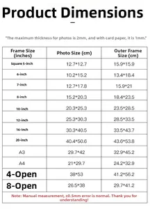 Detailed size chart for solid wood picture frames from 5 inch to 20 inch and A4