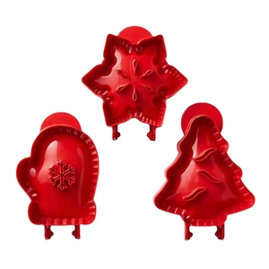 3D Christmas tree snowflake and mitten shaped baking molds in red plastic