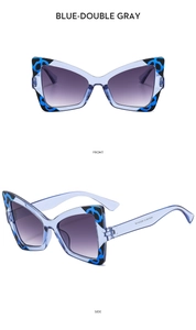 Front and side view of butterfly sunglasses with blue frames and gradient gray lenses