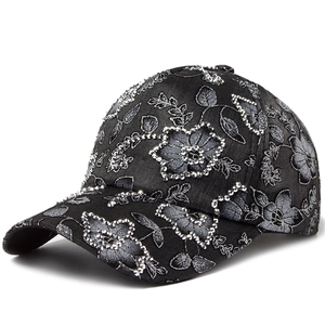 Women Floral Rhinestone Baseball Cap Lace Mesh Breathable Sunshade Hat Adjustable Elegant Fashion Viscose Sun Hat