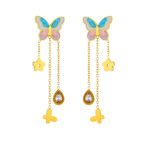 Colorful enamel butterfly tassel earrings with floral charms and zircon teardrops