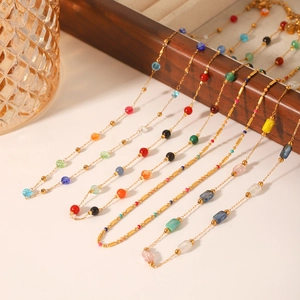 Colorful natural stone beaded gold stainless steel necklaces for women in bohemian style