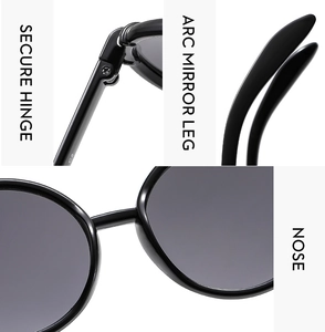 Detail view of round sunglasses showing secure metal hinges and ergonomic arc mirror legs