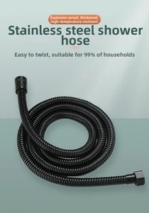 Close-up of matte black stainless steel shower hose with flexible corrugated metal design