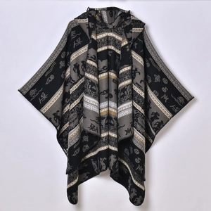 Women Hooded Poncho Shawl Imitation Cashmere Warm Ethnic Jacquard Cape Cloak Open Front Bohemian Vintage Winter Wrap
